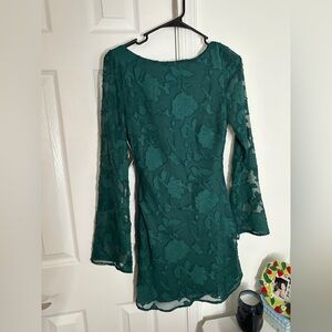 Green floral lace appliqué Princess Polly mini dress with sheer bell sleeves